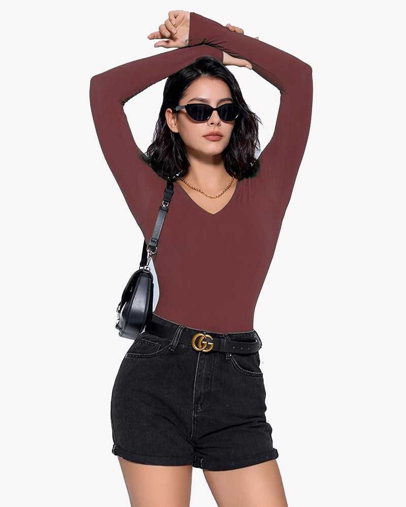 Double-lined long-sleeve bodysuit, dark brown, V-neck with snap closure