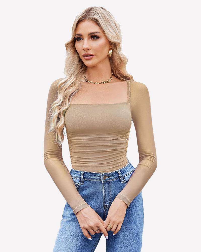 Square-neck ruched mesh long-sleeve bodysuit, taupe