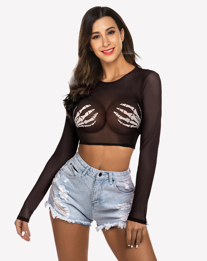 Black mesh long-sleeve crop top with lip graphic cups and sheer neckline