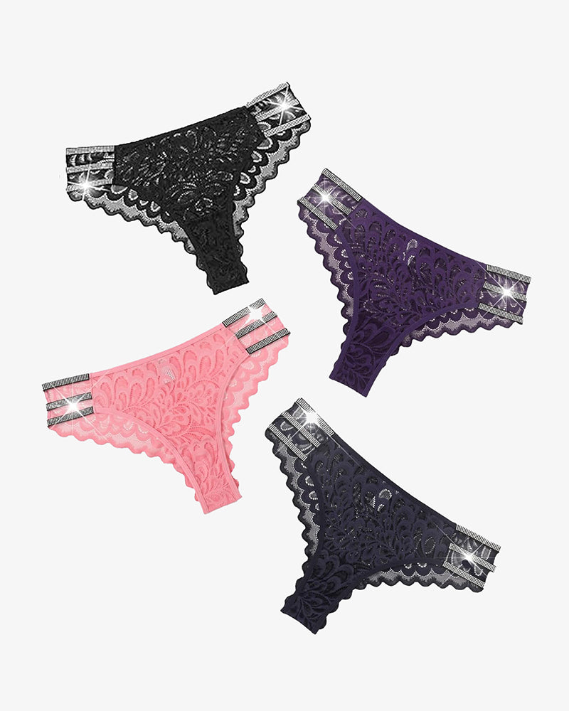 Lace glitter cheeky panties set: black, purple, and pink lace with scalloped edges