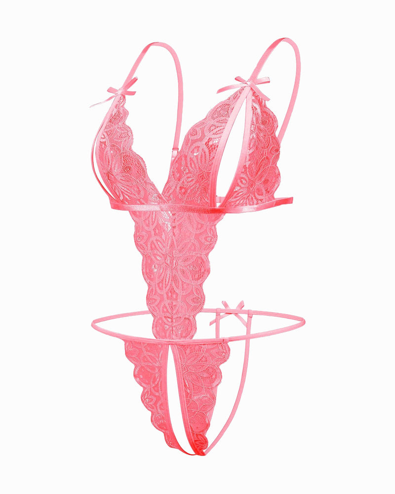 Lace deep V bodysuit teddy in rose pink with ribbon bow straps and lace thong