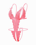 Lace deep V bodysuit teddy in rose pink with ribbon bow straps and lace thong
