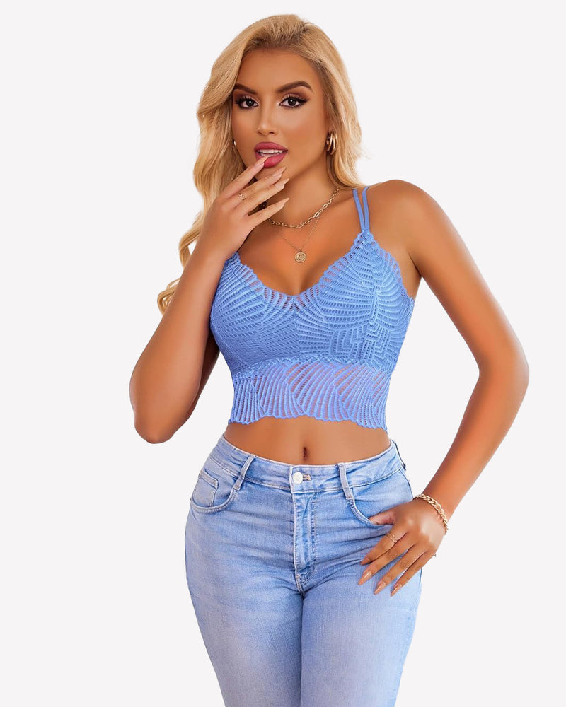 Light blue v-neck racerback crop top with scalloped lace and thin shoulder straps