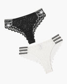 Lace glitter cheeky panties set: black lace and white lace with scalloped edges