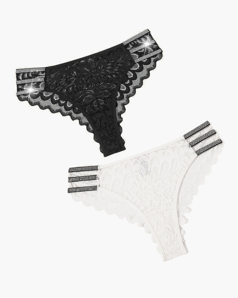Lace glitter cheeky panties set: black lace and white lace with scalloped edges