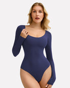 Navy Blue scoop-neck long-sleeve bodysuit shapewear, smooth fitted torso
