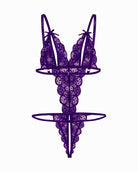 Lace deep V bodysuit teddy in dark purple with ribbon bows and open lace thong