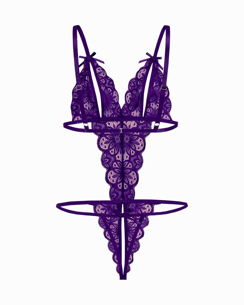 Lace deep V bodysuit teddy in dark purple with ribbon bows and open lace thong