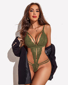 Deep V lace teddy lingerie in olive green with lace cups and openwork thong