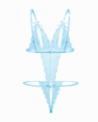 Lace deep V bodysuit teddy in light blue with bow straps and lace thong coverage