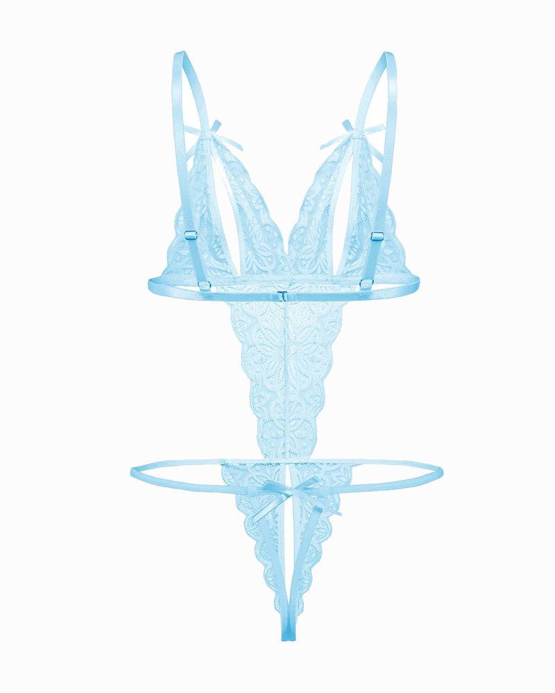Lace deep V bodysuit teddy in light blue with bow straps and lace thong coverage