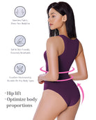 Purple sleeveless high-neck double-lined shapewear bodysuit, back side view