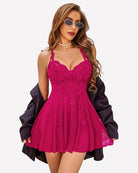 Fuchsia lace babydoll lingerie dress with push-up cups and adjustable straps