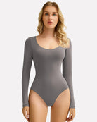 Gray scoop-neck bodysuit with long sleeves, smooth fitted silhouette
