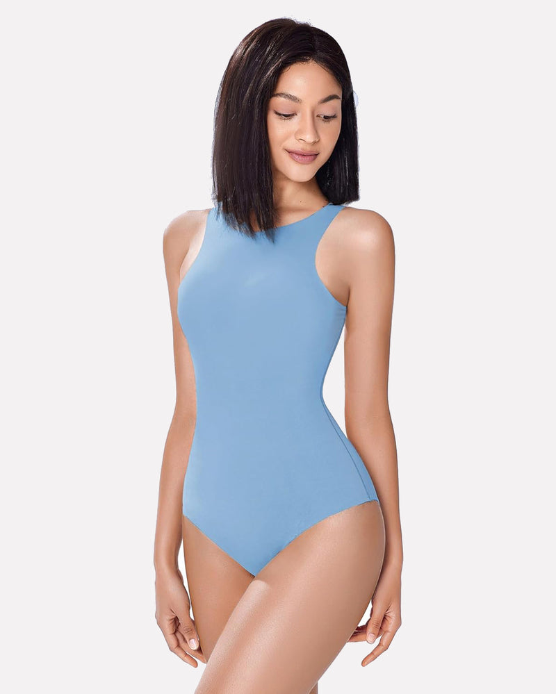 Light blue sleeveless high-neck double-lined shapewear bodysuit, front view