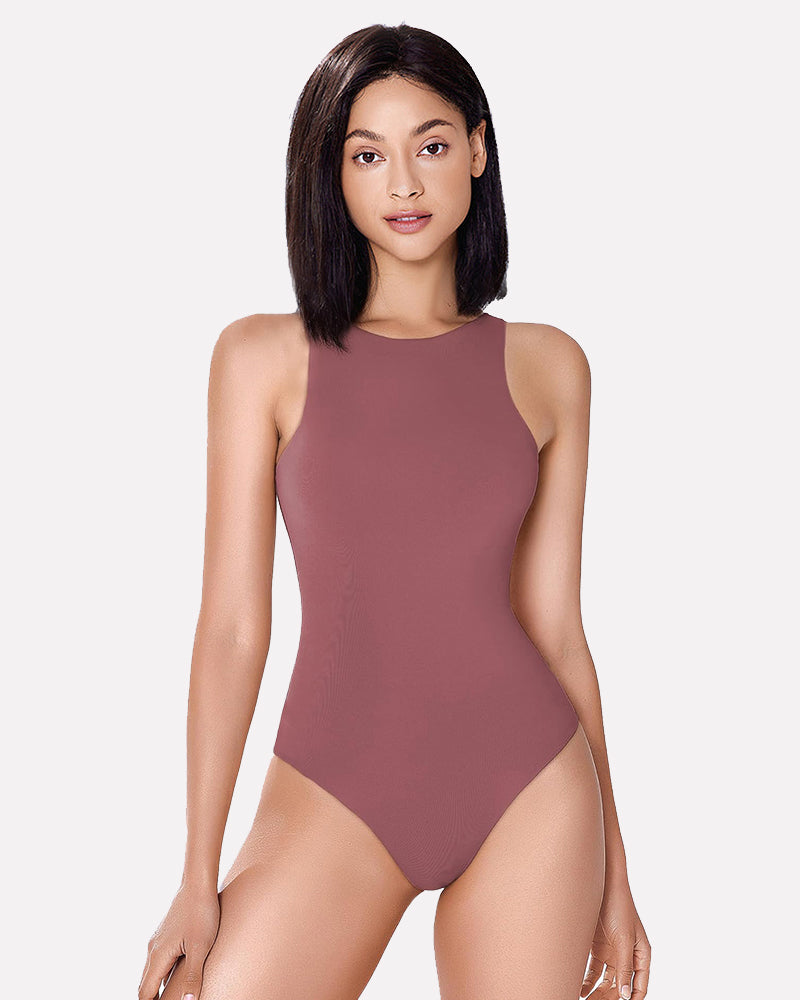 Double-lined bodysuit shapewear in mauve, sleeveless scoop neck with high-cut legs