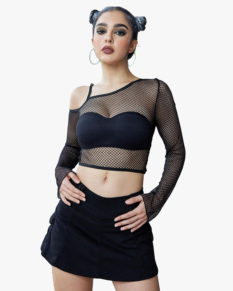 Black long-sleeve fishnet crop top with off-shoulder straps and wide contrast band