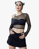 Black long-sleeve fishnet crop top with off-shoulder straps and wide contrast band