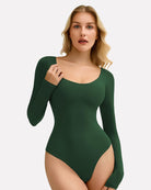 Green scoop-neck long-sleeve bodysuit shapewear, fitted one-piece