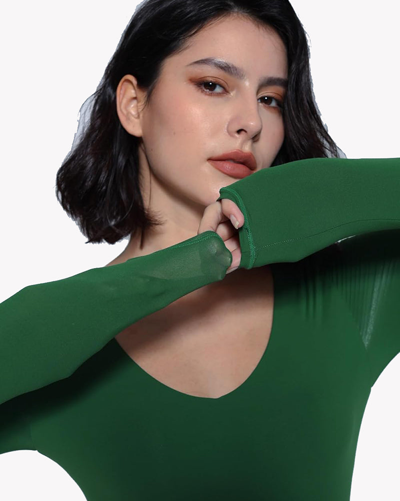 Green long sleeve double-lined bodysuit with V-neck and smooth fabric neckline
