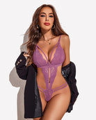 Purple lace deep V teddy with lace cups and open back straps