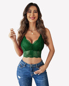 Dark green v-neck racerback crop top with scalloped lace trim and slim shoulder straps