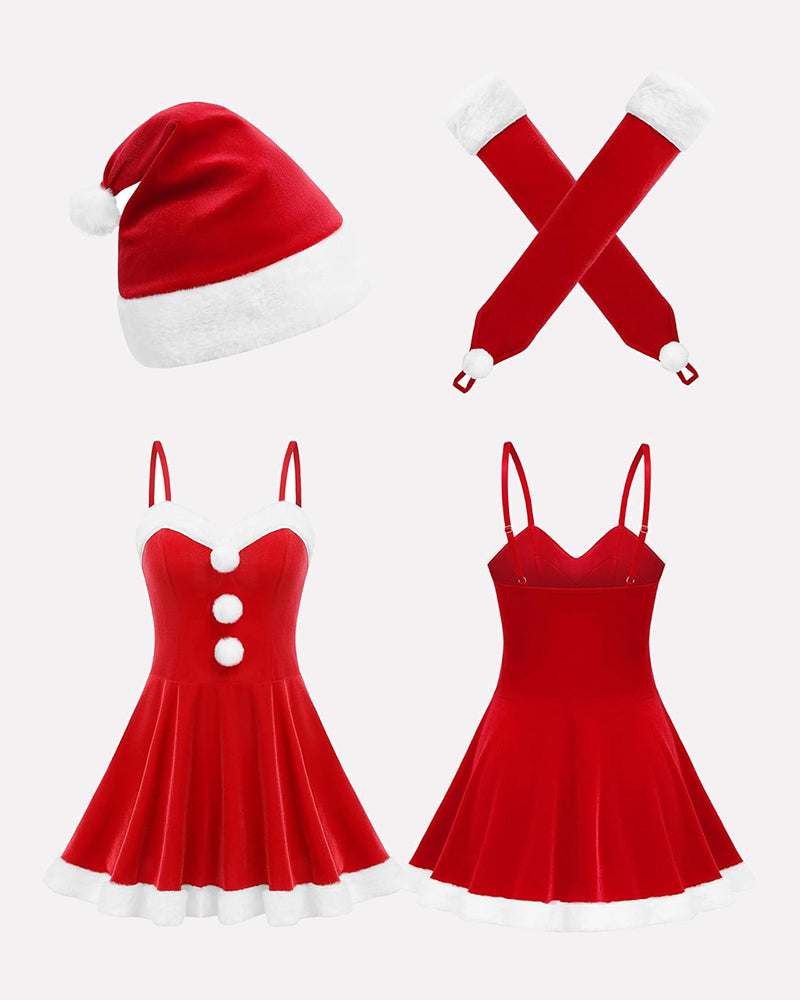 Red Santa-style dress with white trim, pom-pom buttons, plus matching hat and gloves