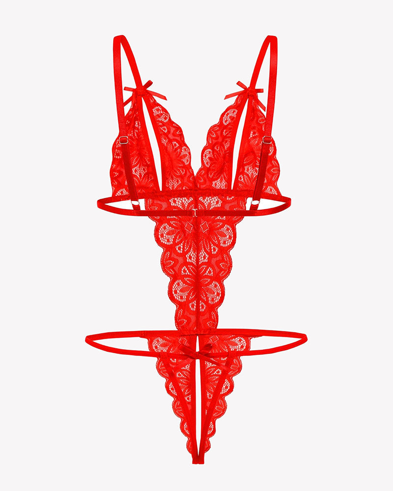 Red lace deep V bodysuit with underwire, open strap design, thong bottom.
