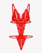Red lace deep V bodysuit with underwire, open strap design, thong bottom.