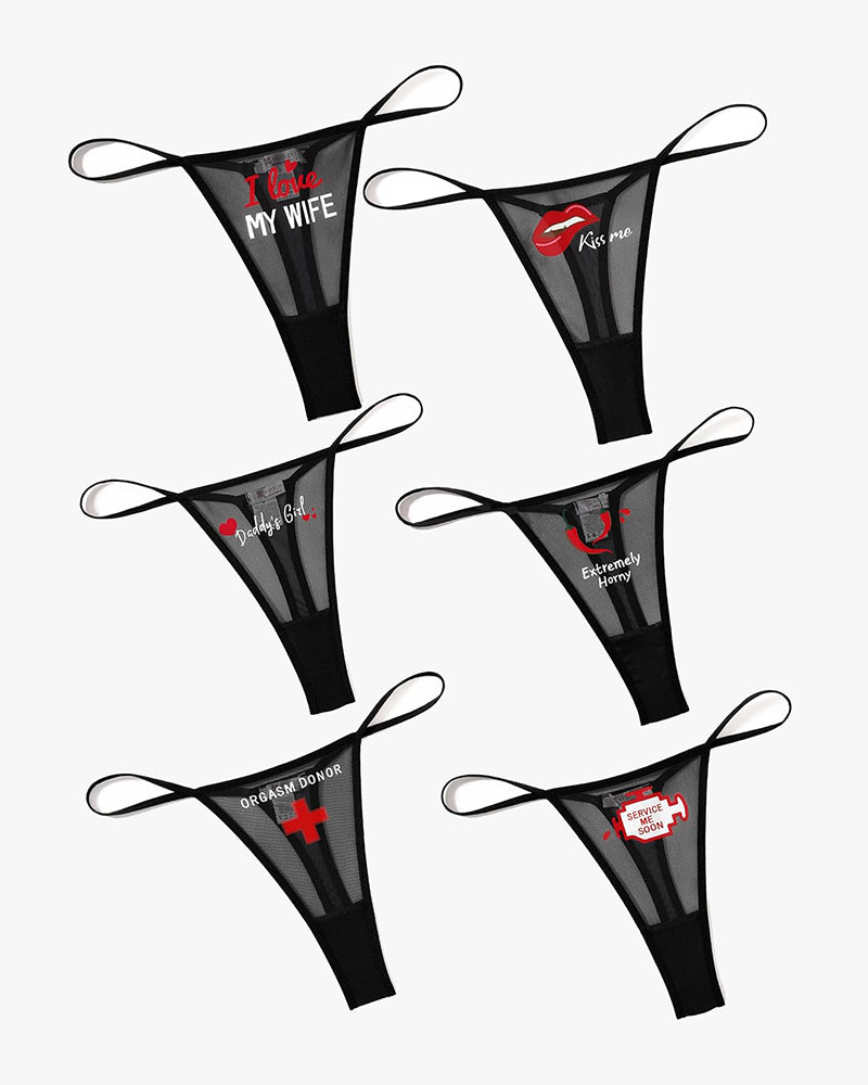 Low rise t-back mesh panties, black, with thin side straps and V front