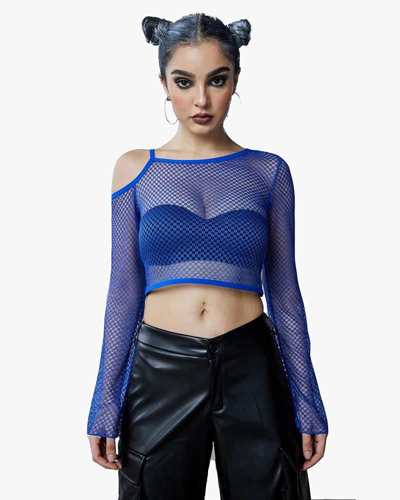 Long sleeve fishnet crop top with cutout bra cups, royal blue mesh