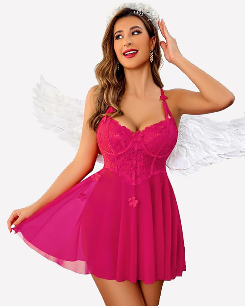 Fuchsia lace babydoll lingerie dress with sweetheart neckline and scalloped cups