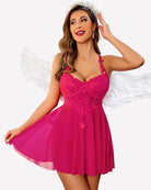 Fuchsia lace babydoll lingerie dress with sweetheart neckline and scalloped cups