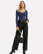 Navy Blue scoop-neck long-sleeve bodysuit shapewear, sleek fitted one-piece