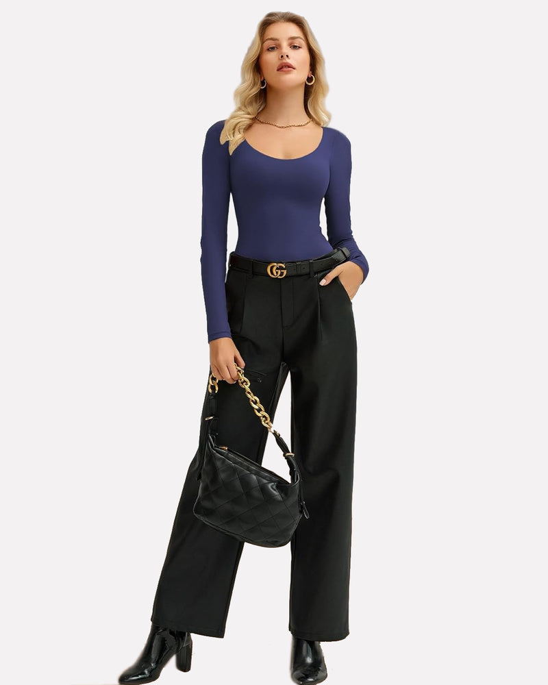 Navy Blue scoop-neck long-sleeve bodysuit shapewear, sleek fitted one-piece