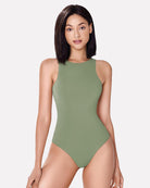 Double-lined bodysuit shapewear in olive green, sleeveless scoop neck bodysuit