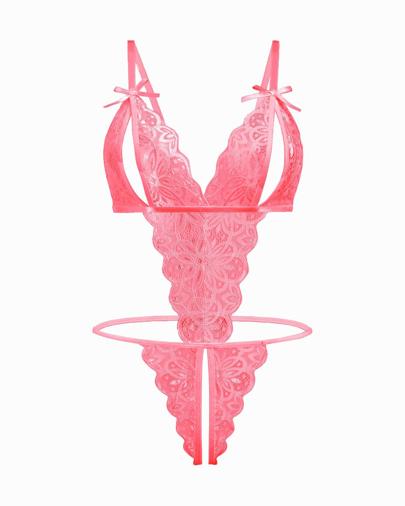 Lace deep V bodysuit teddy in pink with ribbon bows and lace thong front