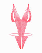 Lace deep V bodysuit teddy in pink with ribbon bows and lace thong front