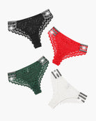 Lace glitter cheeky panties set: black, red, green, and white lace with scalloped trim