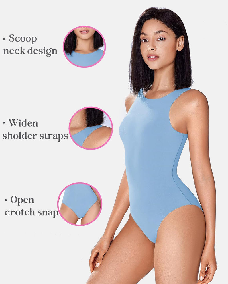 Double-lined bodysuit shapewear in light blue, scoop neck, wide shoulder straps