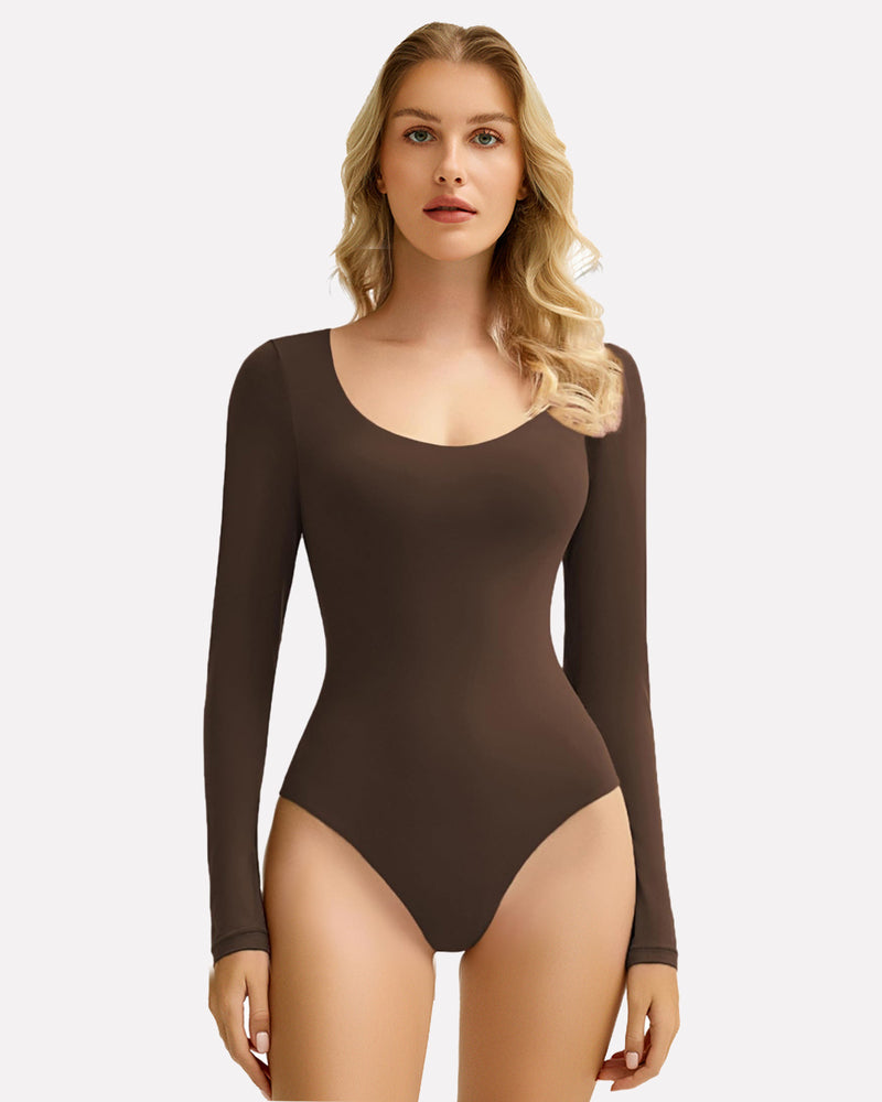 Brown scoop-neck bodysuit with long sleeves and high-cut leg openings