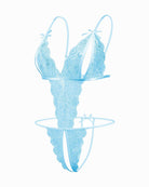 Light blue lace deep V bodysuit teddy with scalloped edges and bow straps