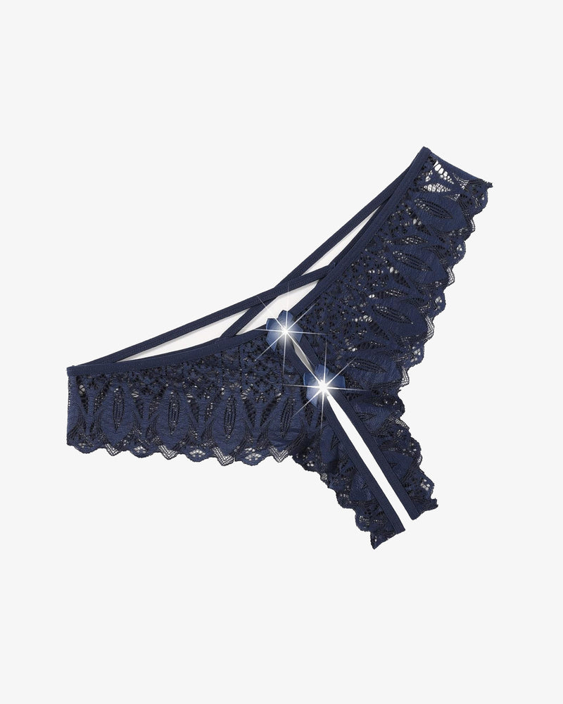Navy lace crotchless hipster panty with crisscross straps and scalloped lace trim