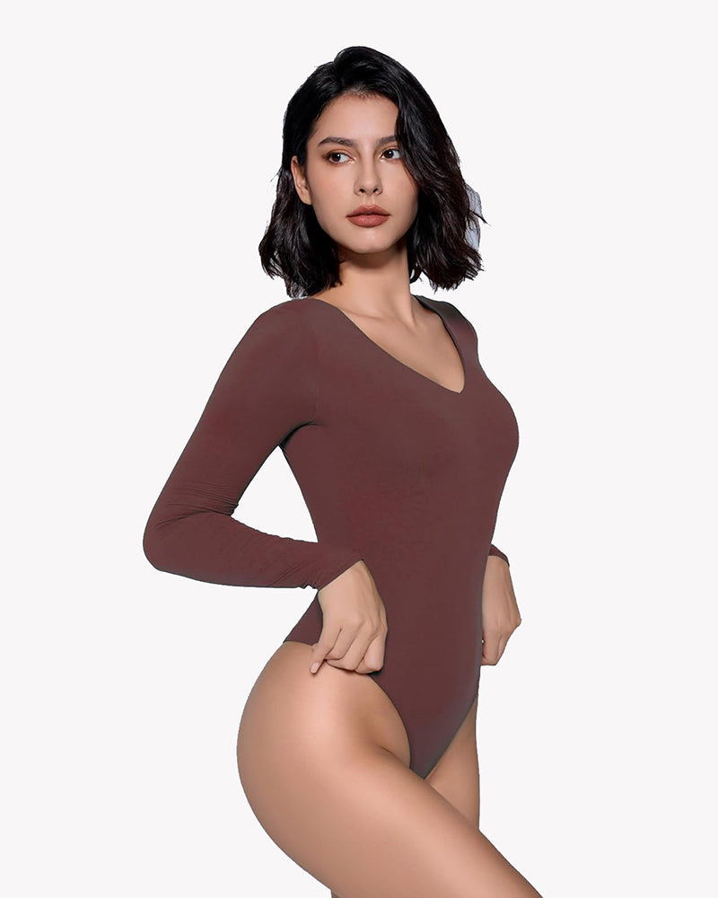 Double-lined long-sleeve bodysuit, brown, V-neck, smooth fitted stretch