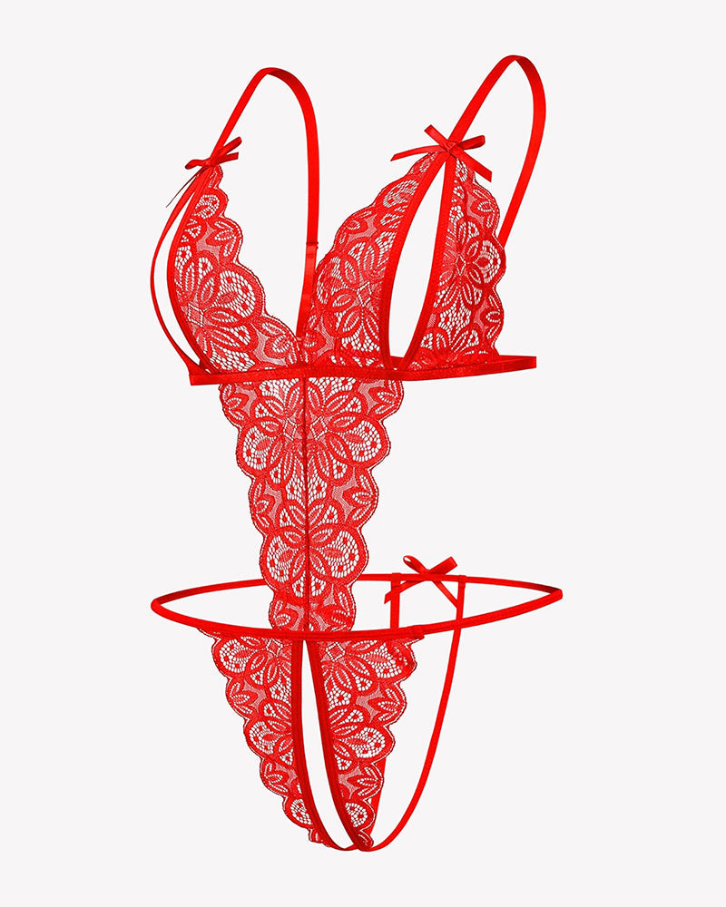 Red and white lace deep V bodysuit with underwire, ribbon straps, thong bottom.