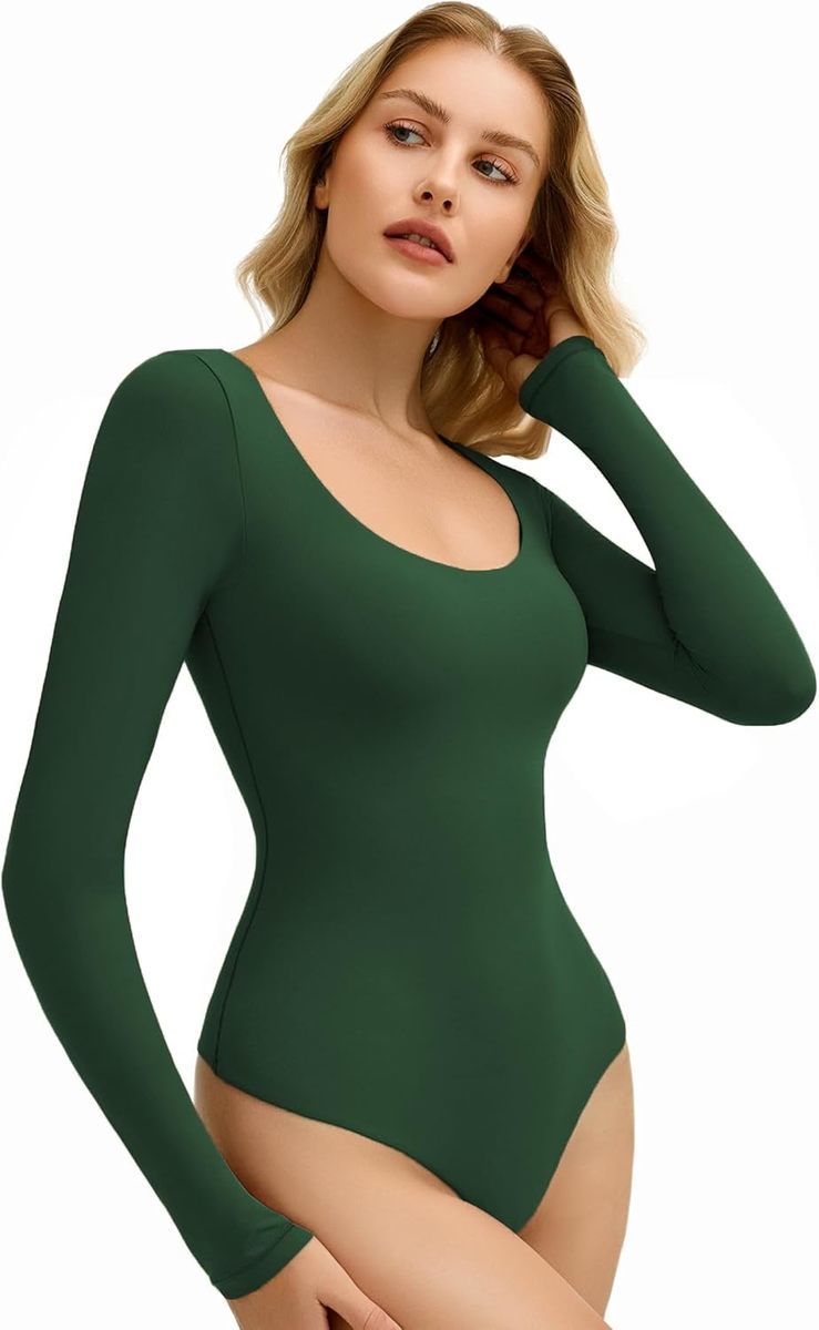 Dark green scoop-neck bodysuit with long sleeves, fitted leg openings