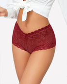 Mid-rise lace panties in burgundy red, scalloped lace trim on body view.