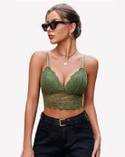 Green lace bustier crop top with deep V neckline and scalloped lace trim