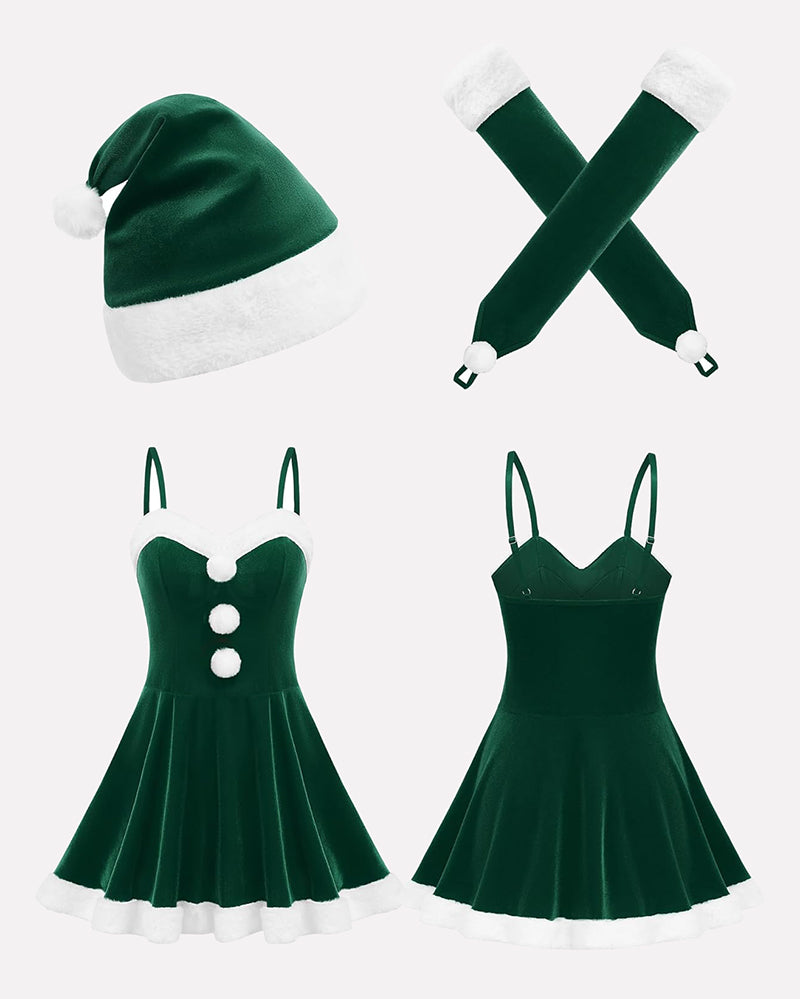 Green Santa-style dress with white trim, pom-pom buttons, plus matching hat and gloves