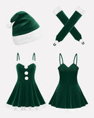 Green Santa-style dress with white trim, pom-pom buttons, plus matching hat and gloves